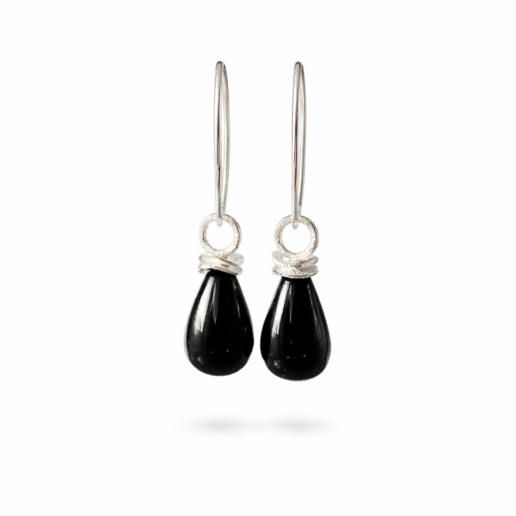 Black onyx briolette sterling silver earrings