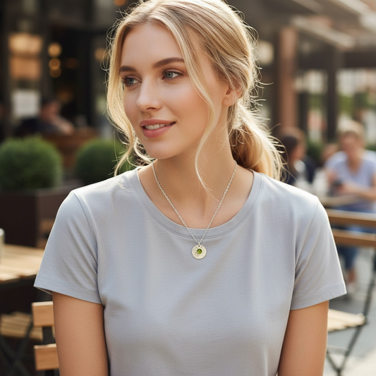 Minimalist Sterling Silver Disc Necklace with Green Peridot Charm