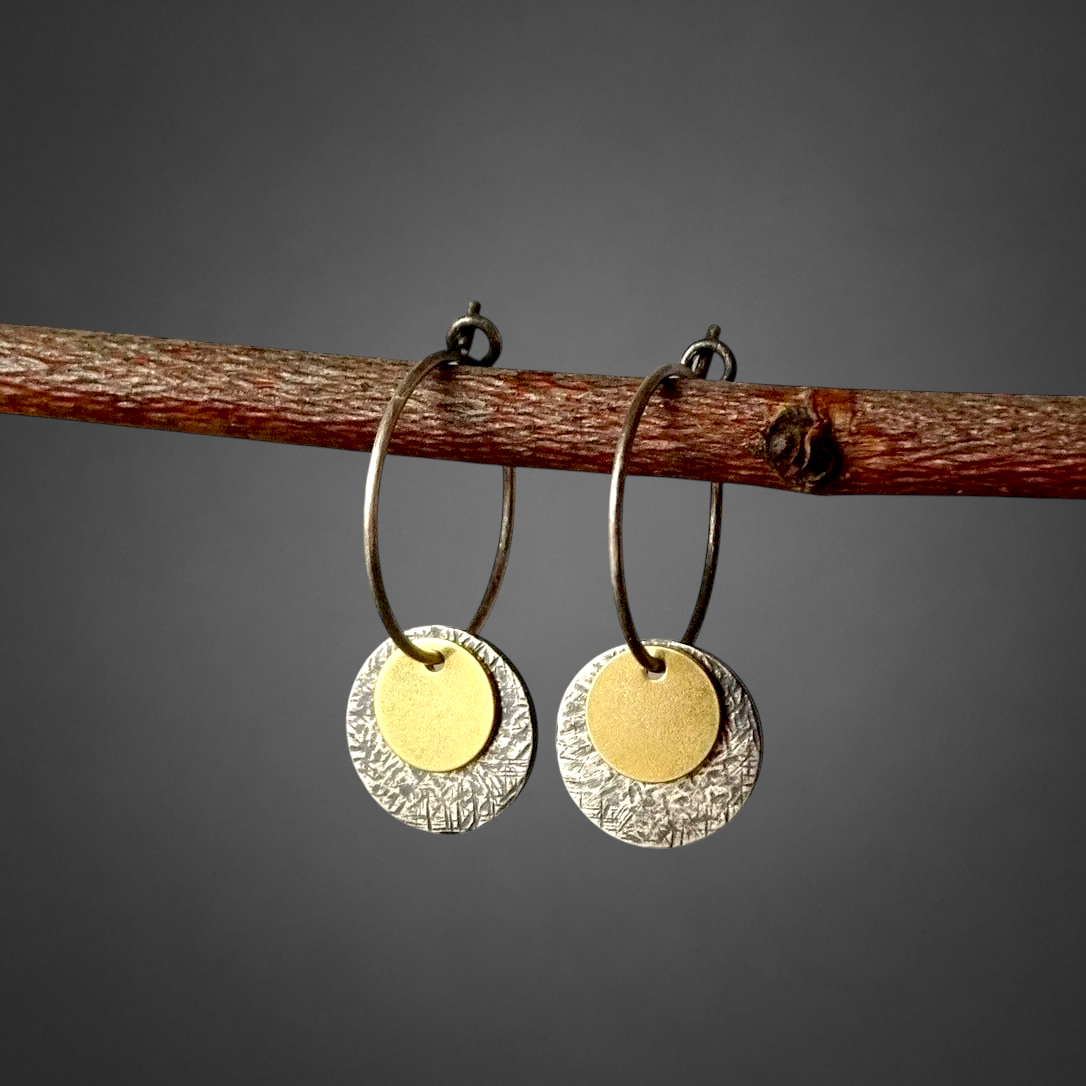 Gold vermeil, oxidised sterling silver disc hoop earrings.