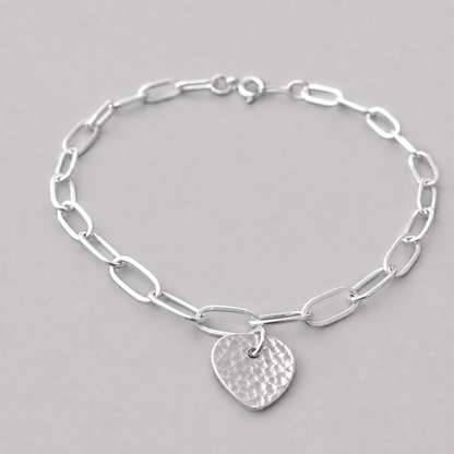 Sterling Silver Heart Charm Bracelet – Hammered Heart Cable Link Bracelet