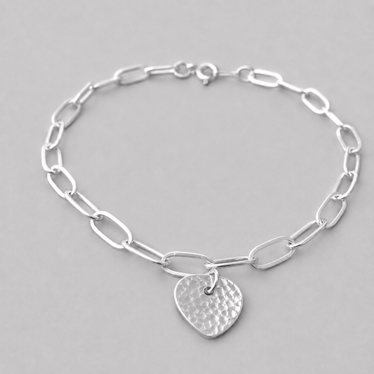 Sterling Silver Heart Charm Bracelet – Hammered Heart Cable Link Bracelet