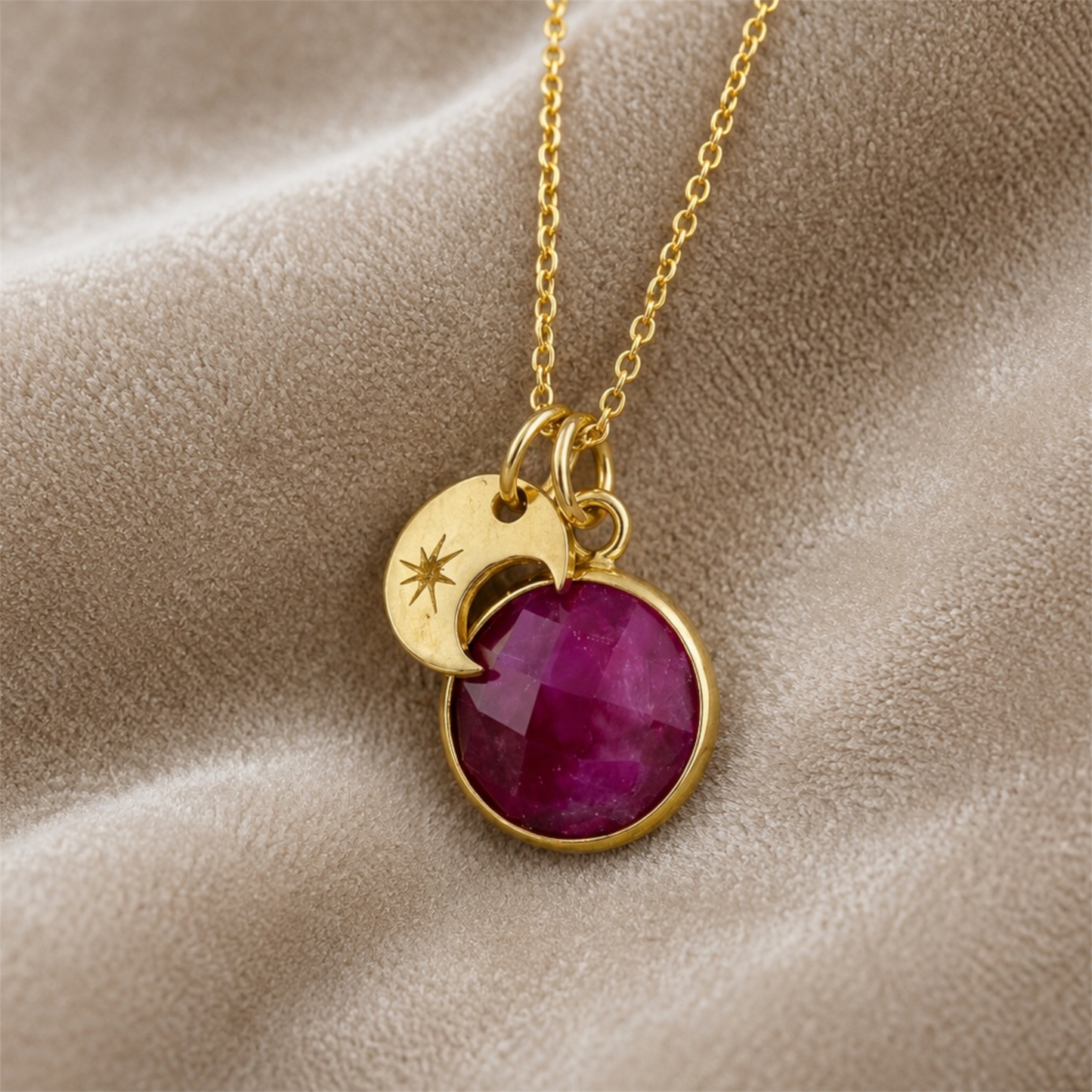 24k Gold Vermeil Ruby and Crescent Moon Necklace