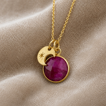 24k Gold Vermeil Ruby and Crescent Moon Necklace
