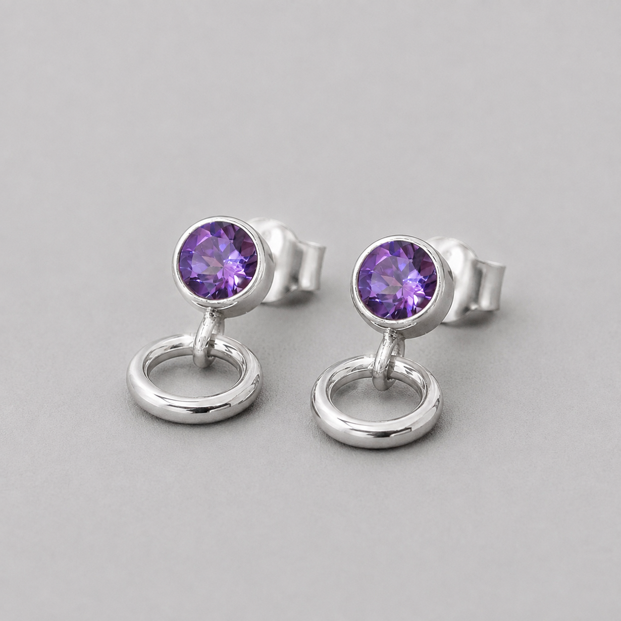 Amethyst sterling silver stud earrings. February Birthstone. Circle studs.