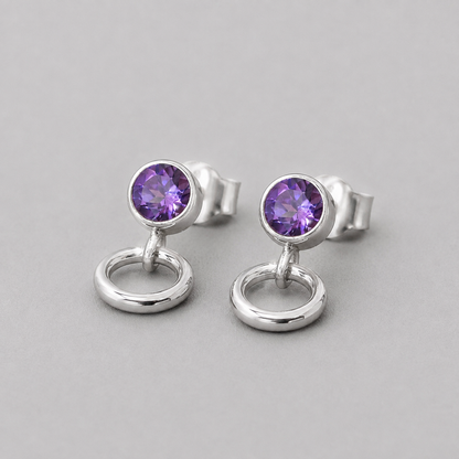 Amethyst sterling silver stud earrings. February Birthstone. Circle studs.