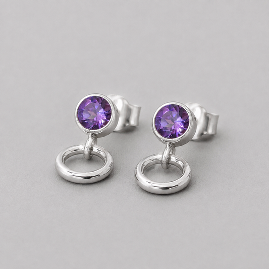 Amethyst sterling silver stud earrings. February Birthstone. Circle studs.