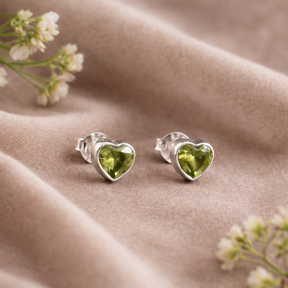 Peridot Heart Stud Earrings in Sterling Silver