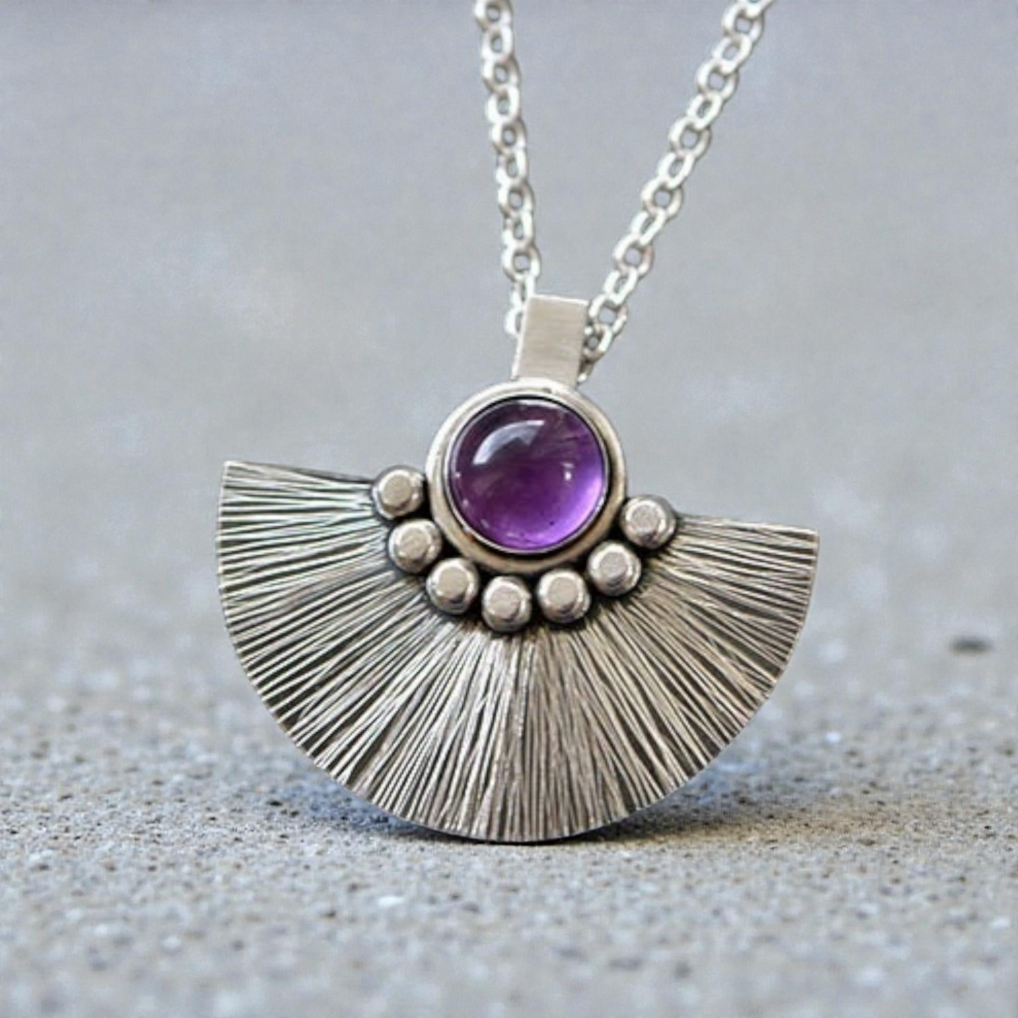 Artisan Amethyst sterling silver fan necklace.