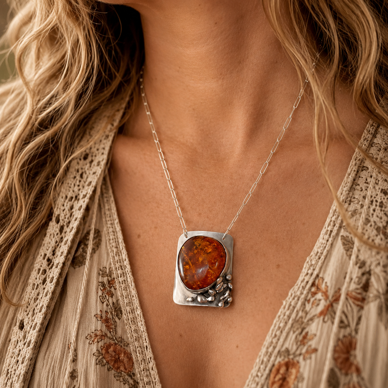 Natural Baltic Amber Statement Necklace in Sterling Silver