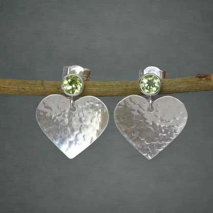 Peridot August birthstone sterling silver heart stud earrings.