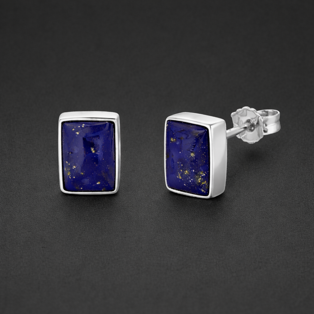 Lapis Lazuli Stud Earrings in 925 Sterling Silver – Rectangular Natural Blue Gemstone Studs