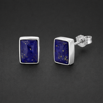 Lapis Lazuli Stud Earrings in 925 Sterling Silver – Rectangular Natural Blue Gemstone Studs