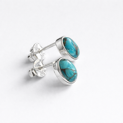 Blue Mohave Turquoise Oval Stud Earrings in 925 Sterling Silver – 6x8mm Turquoise Studs