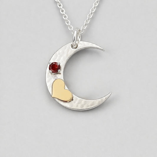 Sterling silver crescent moon, gold filled heart, garnet necklace.