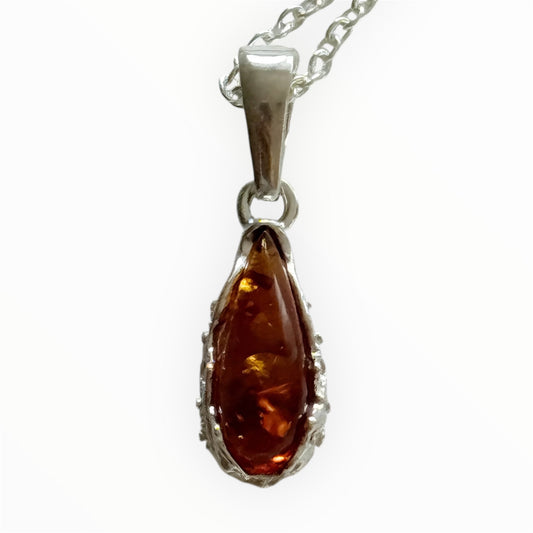 Teardrop Baltic Amber Pendant Necklace in Sterling Silver