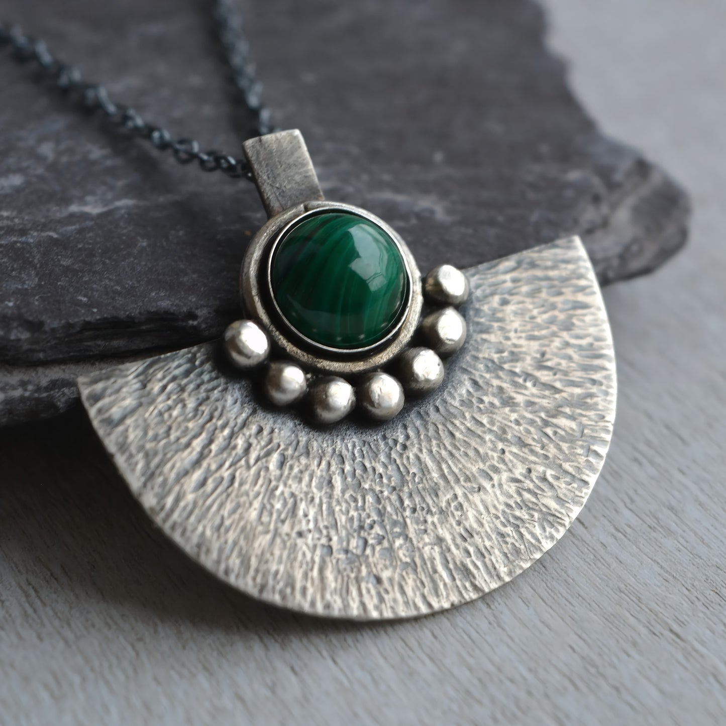 Green malachite sterling silver oxidised fan necklace.