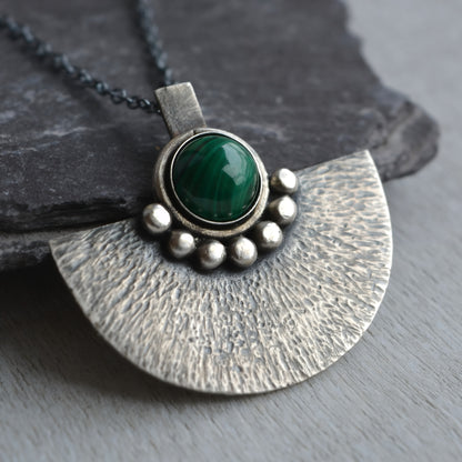 Green malachite sterling silver oxidised fan necklace.
