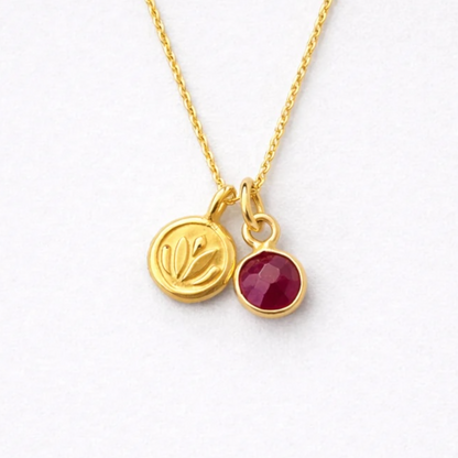 Ruby, lotus charm 24k gold vermeil necklace