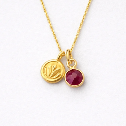 Ruby, lotus charm 24k gold vermeil necklace