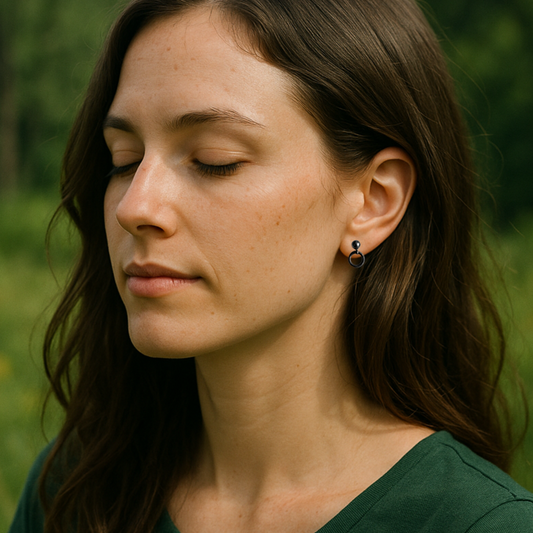 Oxidised sterling silver ball and circle stud earrings.