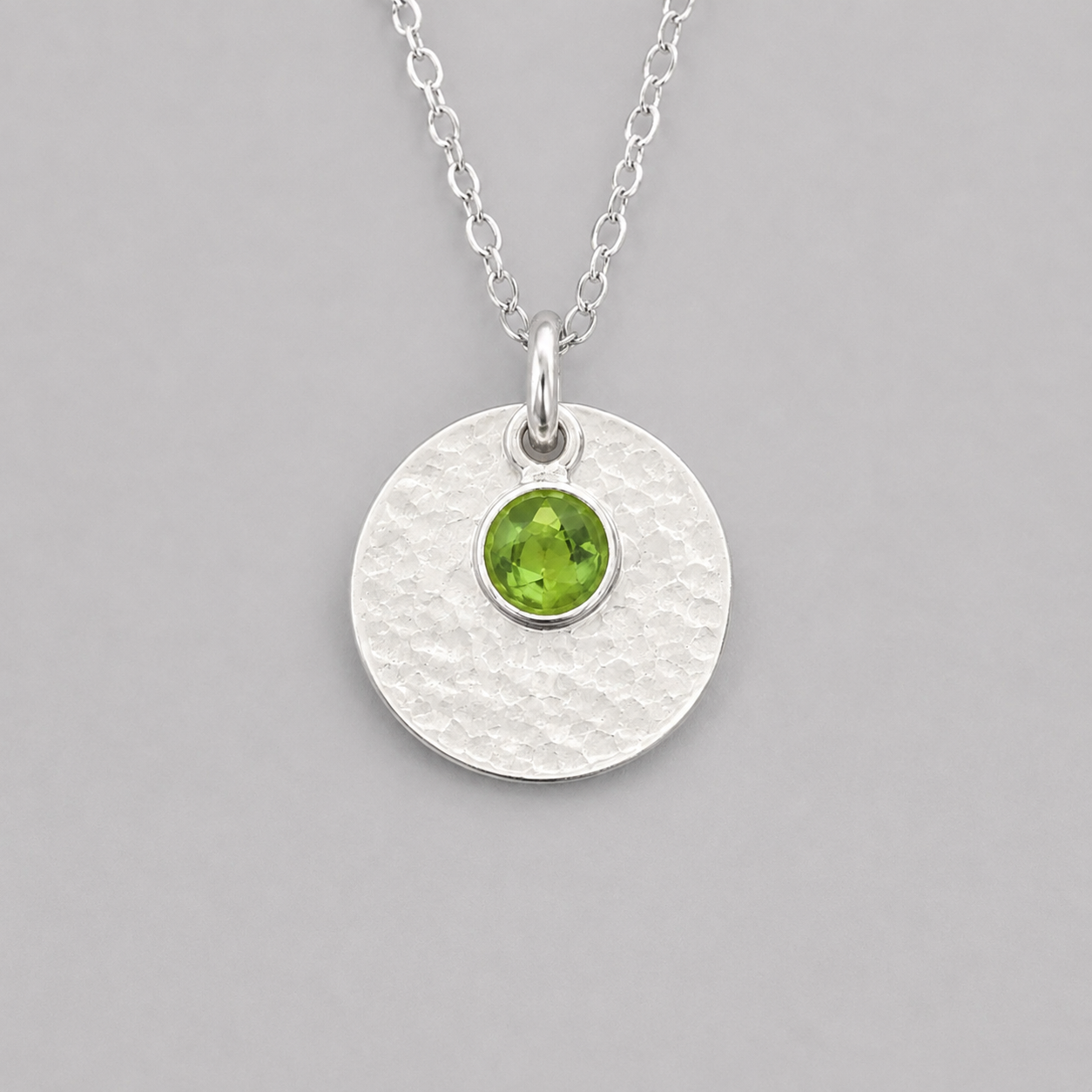 Minimalist Sterling Silver Disc Necklace with Green Peridot Charm