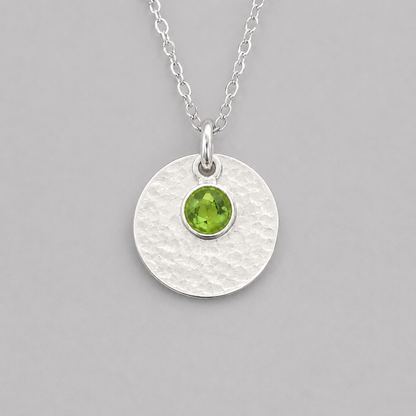 Minimalist Sterling Silver Disc Necklace with Green Peridot Charm