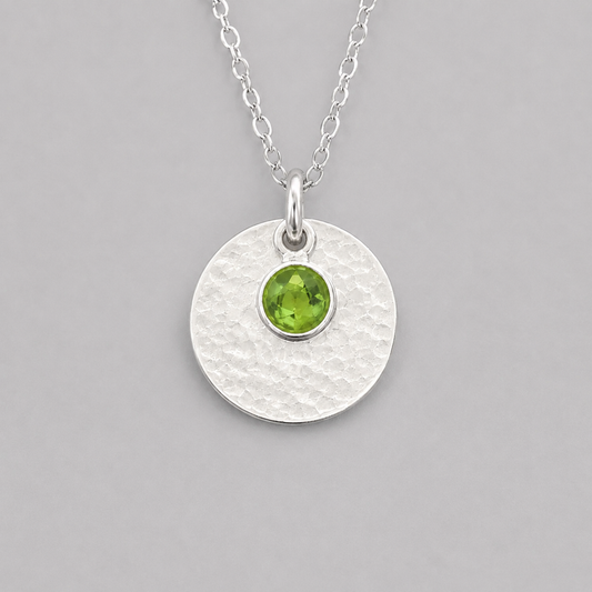 Minimalist Sterling Silver Disc Necklace with Green Peridot Charm