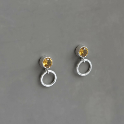 Sterling Silver Birthstone Hammered Circle Stud Earrings