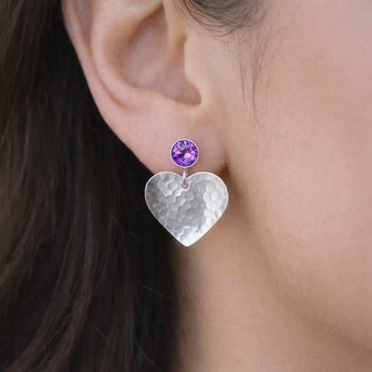 Amethyst February birthstone sterling silver heart stud earrings.
