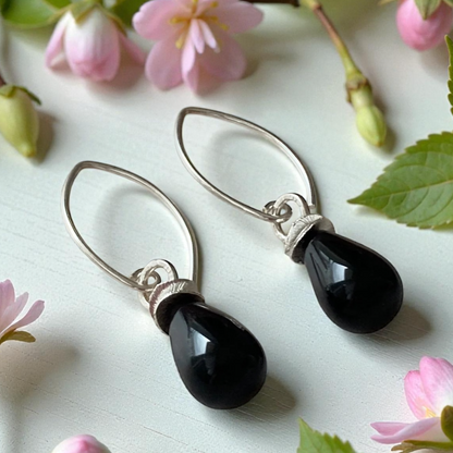 Black onyx briolette sterling silver earrings
