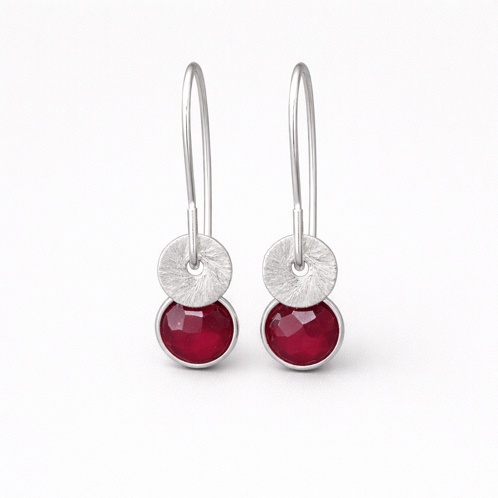 Ruby sterling silver dangle earrings. July birthstone earrings.