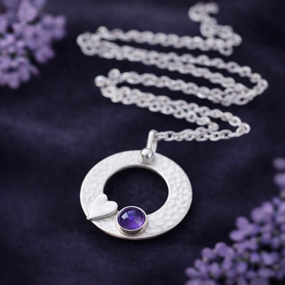 Amethyst Sterling Silver Circle Necklace – February Birthstone Heart Pendant
