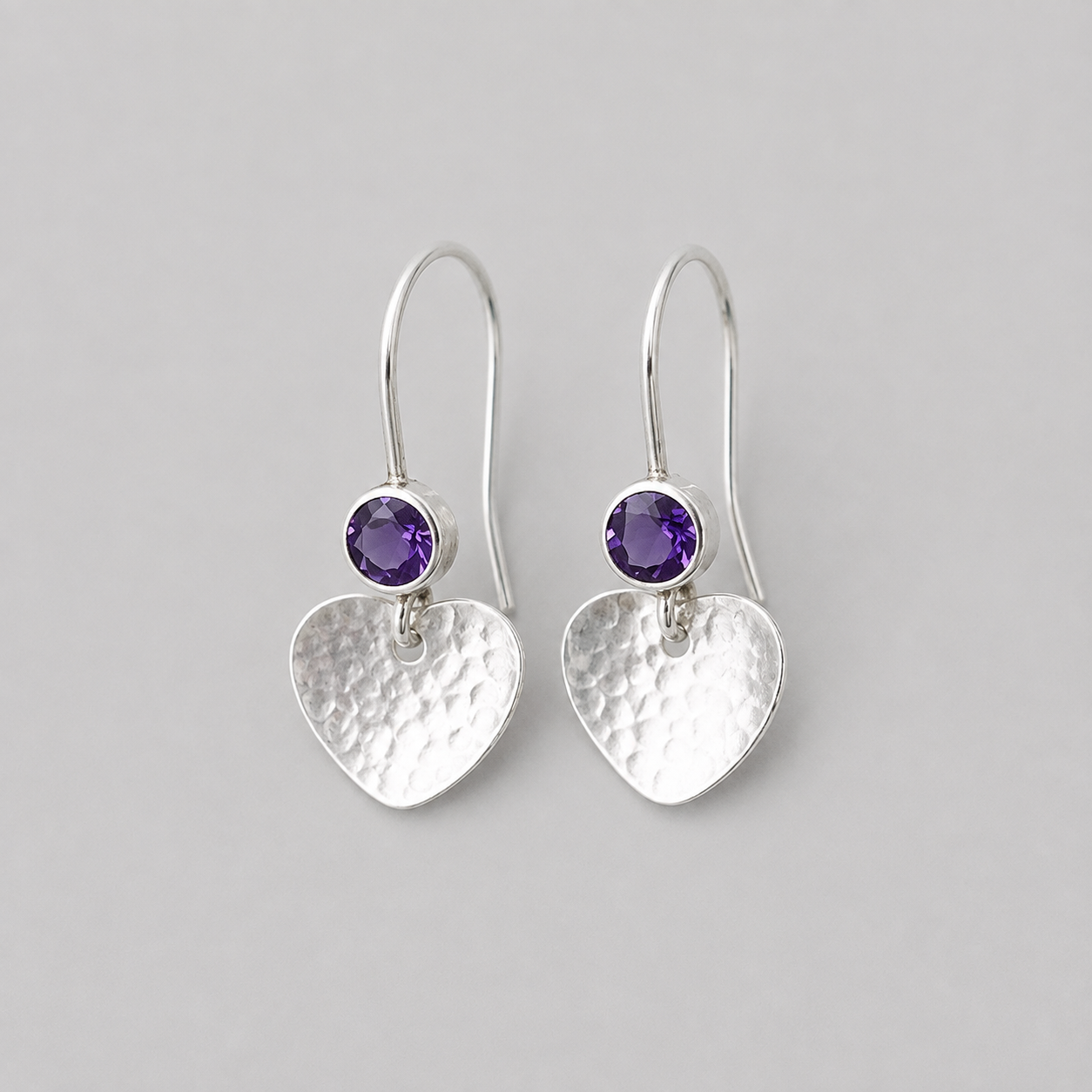 Amethyst & Hammered Heart Earrings in Sterling Silver