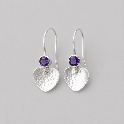 Amethyst & Hammered Heart Earrings in Sterling Silver