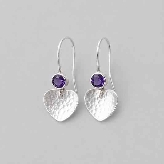 Amethyst & Hammered Heart Earrings in Sterling Silver
