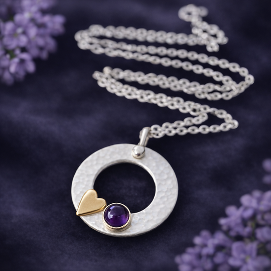 Sterling Silver Amethyst Circle Necklace with Gold Filled Heart – February Birthstone