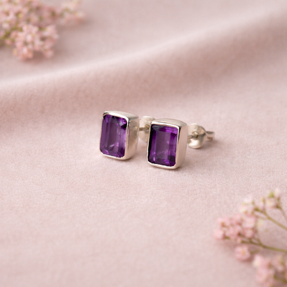 Sterling Silver Amethyst Rectangle Stud Earrings – February Birthstone