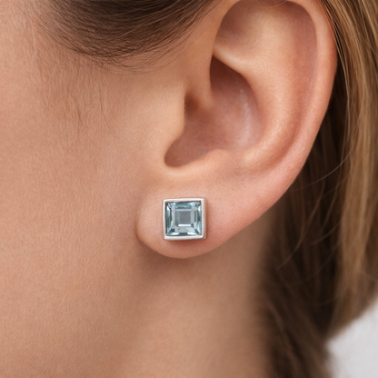 Square Blue Topaz Stud Earrings 6mm – 925 Sterling Silver December Birthstone