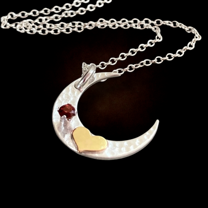 Sterling silver crescent moon, gold filled heart, garnet necklace.