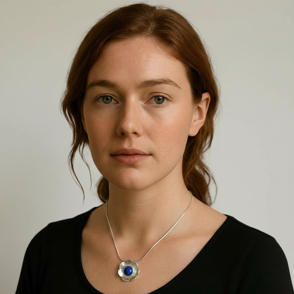 Artisan lapis lazuli flower sterling silver pendant necklace.