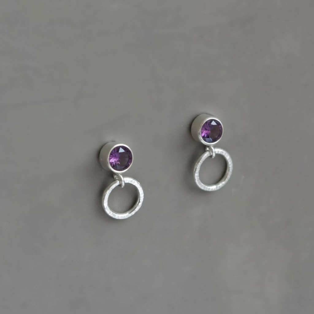 Sterling Silver Birthstone Hammered Circle Stud Earrings