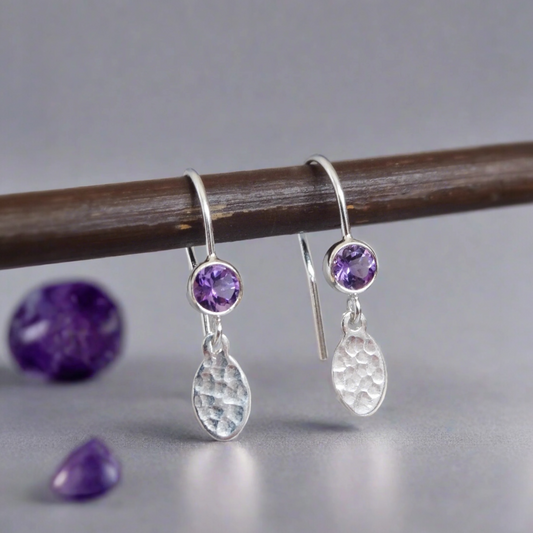 Amethyst February birthstone sterling silver earrings, hammered dangle ovals.