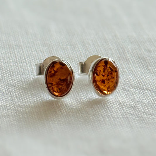 Sterling Silver Baltic Amber Oval Stud Earrings