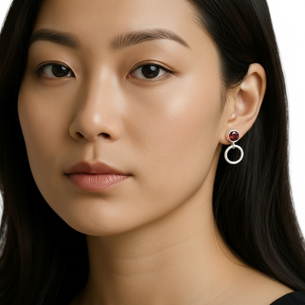 Garnet sterling silver stud earrings with a small circle.