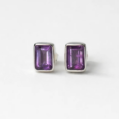 Sterling Silver Amethyst Rectangle Stud Earrings – February Birthstone