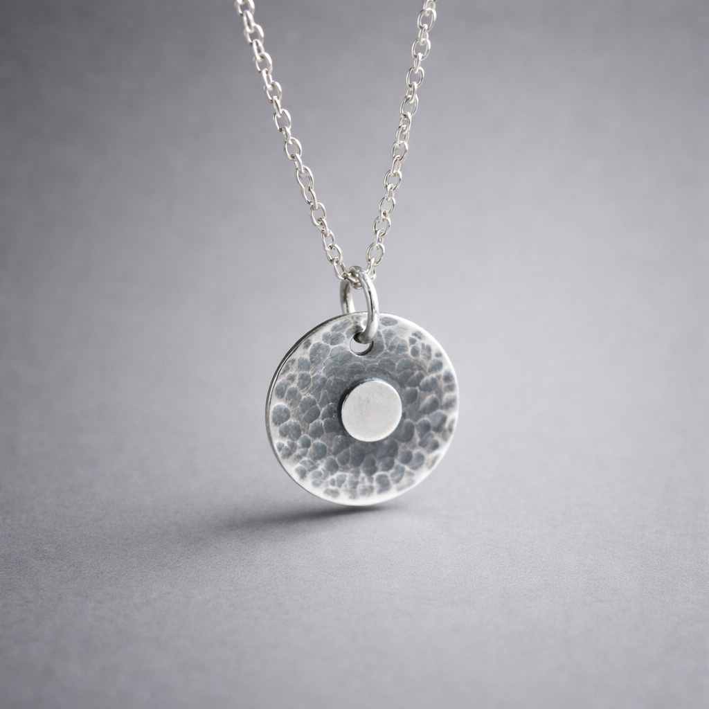 Handmade Sterling Silver Hammered Disc Necklace Textured and Oxidised Design