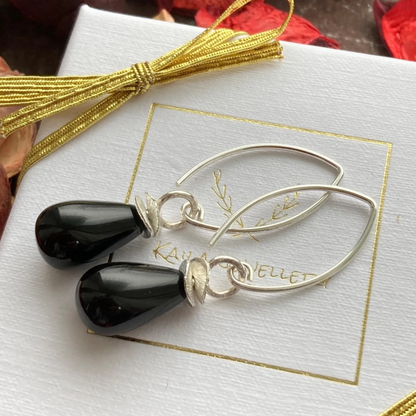 Black onyx briolette sterling silver earrings