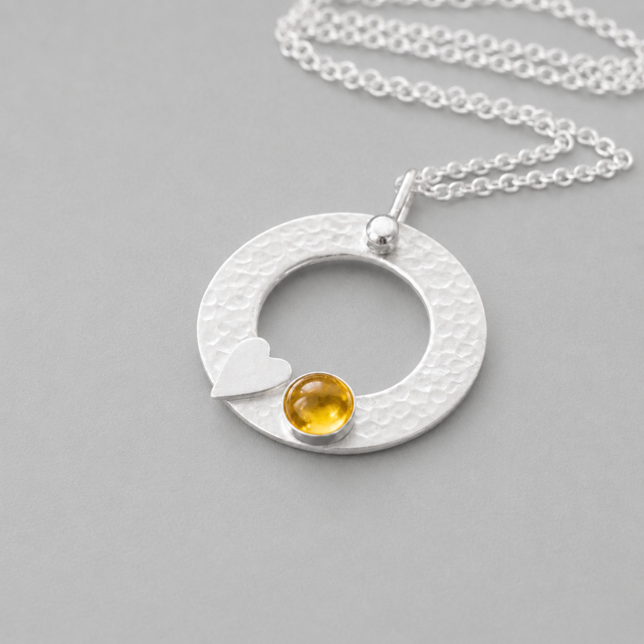 Citrine Necklace – Sterling Silver Circle Pendant with Heart – November Birthstone Jewellery Gift for Her