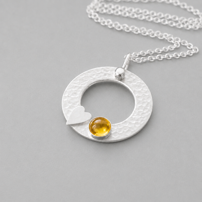 Citrine Necklace – Sterling Silver Circle Pendant with Heart – November Birthstone Jewellery Gift for Her