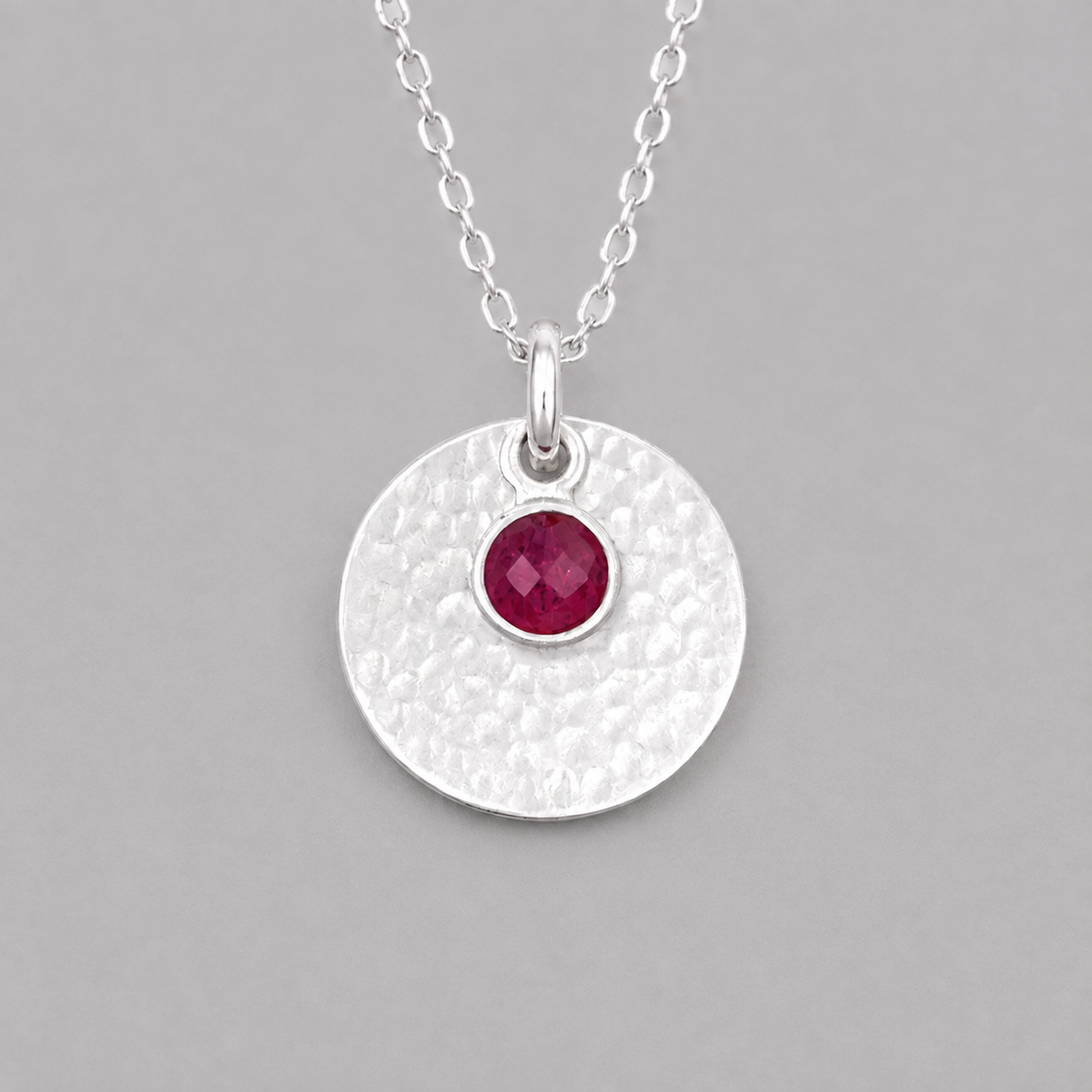 Minimalist Sterling Silver Disc Necklace with Ruby Charm